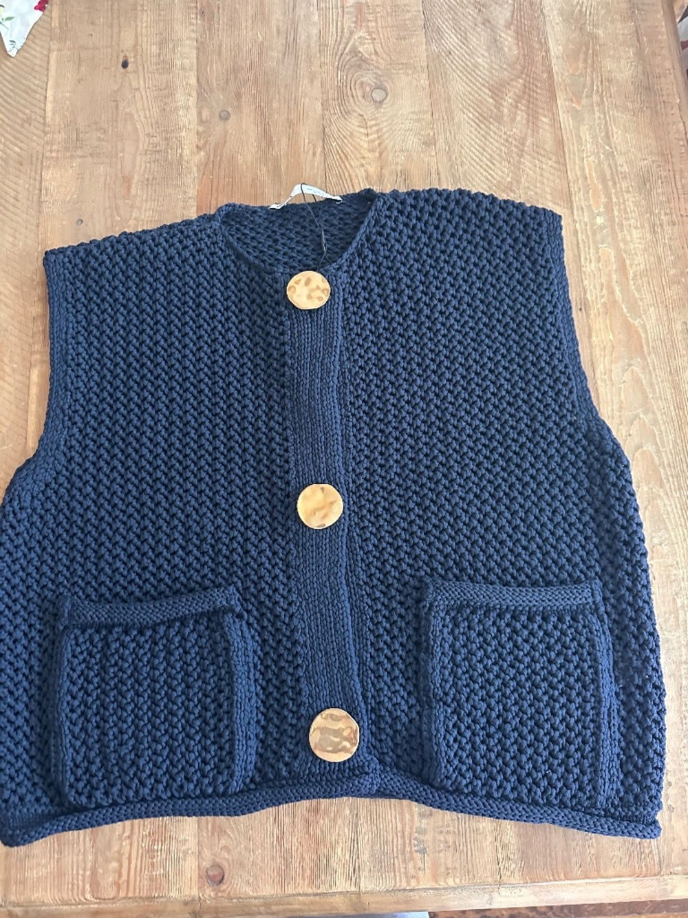 ZARA Chunky Knit Vest Navy Blue Button Front Pockets Size L NWT